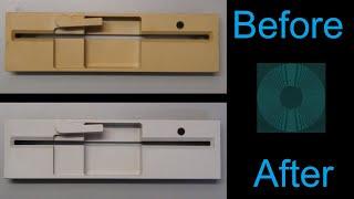 Restoring yellowed plastic floppy drive fronts with H2O2 and UV light