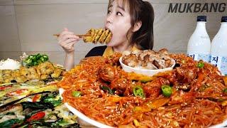 SUB) 매콤달콤 통골뱅이 쫄면 굴전 해물파전 막걸리 먹방 SPICY CHEWY NOODLES OYSTER SEAFOOD PANCAKE REAL SOUND ASMR MUKBANG