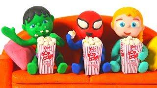 SUPERHERO BABIES ENJOY WATCHING A MOVIE   Spiderman, Hulk & Frozen Elsa PlayDoh Cartoons For Kids
