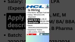 HCL Recruitment 2023 | HCL is hiring #hclrecruitment  #itjobsforfreshers #job #freshershiring #hcl