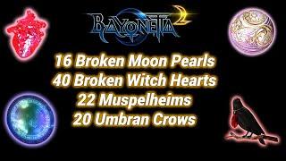 Bayonetta 2 All 16 Broken Moon Pearls, 40 Broken Witch Hearts, 22 Muspelheims, 20 Umbran Crows