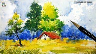 Easy Landscape Painting with Water colors || PAINTLANE