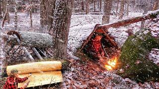 WINTER CAMPING in SNOW BUSHCRAFT BUILD Natural Warm Bark Roof Shelter Camp Cooking Overnight ASMR