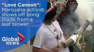 Marijuana activist shows off bong made from a leaf blower at 4/20 rally