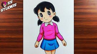 How to Draw Shizuka from Doraemon step by step | Shizuka full body drawing with color pencil