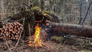 Bushcraft in a cold autumn forest. Building a SHELTER for SURVIVAL in a wild forest. No Sleeping Bag