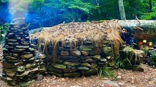 7 Days SOLO SURVIVAL CAMPING - Building BUSHCRAFT STONE SHELTER with FIREPLACE. Outdoor Cooking