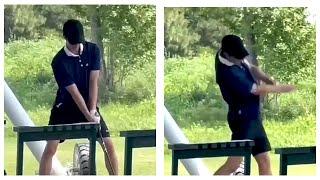 Wang Yibo continued to play golf, preparing handsomely and swinging the golf club very coolly