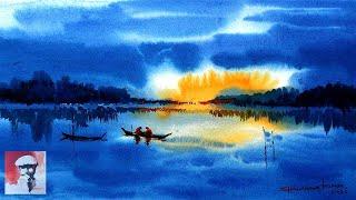 How To Paint Amazing Sunset Riverscape Watercolor Demo by Shahanoor Mamun | Mysterious Twilight