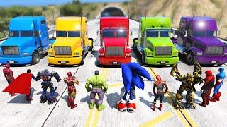 TRUCKS Racing Challenge with Hulk, Sonic The Hedgehog And All Superheroes Competition - GTA V MODS