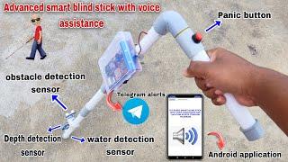 IOT based smart blind stick with voice assistance and sends emergency location alerts to telegram