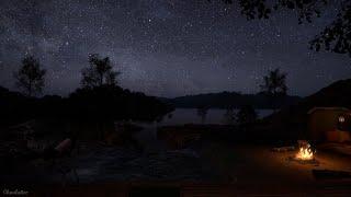 Camping Ambience On A Starry Night | Crackling Fire, Crickets, Water Sounds