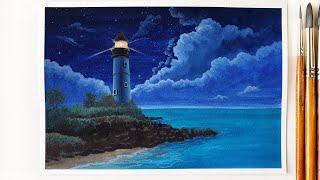 Night Beach Painting with Gouache ｜ Lighthouse Seascape Painting