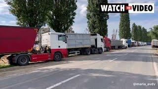 Long line of trucks in West Ukraine