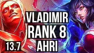 VLADIMIR vs AHRI (MID) | Rank 1 Vlad, 76% winrate, Rank 8, 9/2/5, Godlike | TR Challenger | 13.7