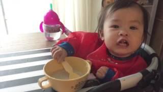 17 month old Baby feeding herself with spoon