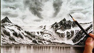 Winter mountain landscape drawing easy ways // Easy nature scenery drawing by pencil //