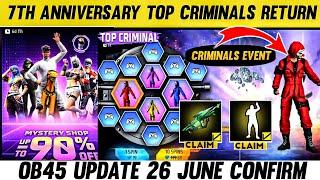 7TH Anniversary Top Criminals return | Today Mystery Shop | Free Fire 7Th Anniversary OB45 UPDATE