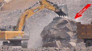 Wow!!! Incredible! Extremely Excavator SANY SY500H Digging Big Rock Drop To Ravine On The Mountain!