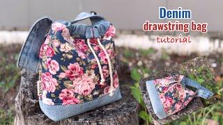 How to sew drawstring bag from jeans and fabric  scrap , sewing gifts bag , drawstring bag tutorial