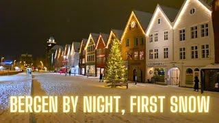 Magical first night with snow, walking tour in Bergen Norway