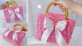 Móc Túi Tote Sợi Vải Phối Nơ Ruy Băng Đẹp Mắt   Crochet Tote Bag with Ribbon Bow | Mimi Handmade