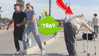 She Ran So Fast!! Bad Grandpa Farts On People At The Beach!!!