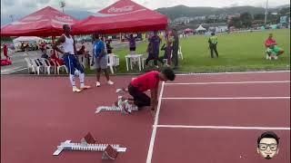 World Athletics U20 Championships Cali 22 - Azeem Fahmi practice starting block at warm up track