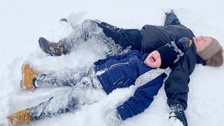 KiDS PLAYING IN THE SNOW!! Caleb and Big Sister Aubrey Have FUN Snow Day! Sledding, Snowball Fights!