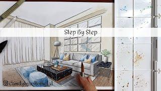 How to Draw A Living Room in Two Point Perspective| Hand Rendering Interior | Step By Step