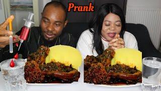 Husband puts something in wife´s drink fufu and Vegetable soup mukprank | African food| Prank video