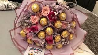 Chocolate bouquet with fresh flowers