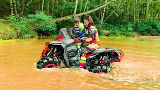 Den Ride on Cross Bike in the park and Mom's Monster Quad Bike in the river