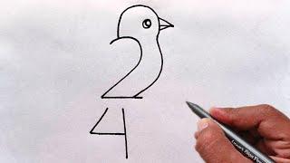 How to draw cute bird from number 24 | easy bird drawing for beginners | number drawing