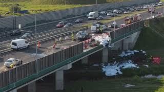 Crash on Highway. Truck fell of a bridge over river. (Drone footage)