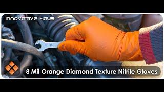 8 Mil Orange Disposable Nitrile Gloves. Raised Diamond Textured Gloves. Powder Free. Latex Free.