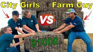 3 City Girls vs 1 Farm Guy - Who can work faster?