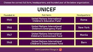 International Organizations Quiz - Full Form, Headquarters & Founded Year | 40 Questions | World GK