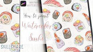 How to paint watercolor sushi in Procreate - free Skillshare class - simple animation in Procreate
