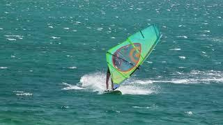 Windsurfing First Switch Stance Duck Jibe and nicer Airjibes at 12 years