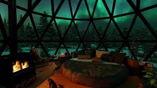 Northern Lights (Aurora Borealis) & Fireplace In Glass Igloo ️ | Fireplace Sound