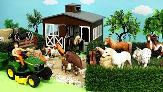 Farm Field Scenery with Barn Animal Figurines - Horses Cows Chicken