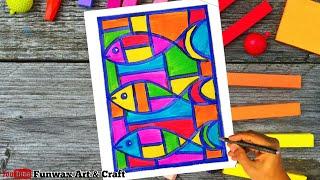 Cubism art drawing tutorial of fish for kids in easy steps | Draw Fish easy geometric drawing