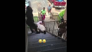 Fat girl falls down the stairs tryna fight 