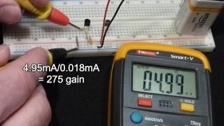 Breadboard gain test and multimeter hFE test of 2n2222 and 2N3904 NPN bipolar transistors