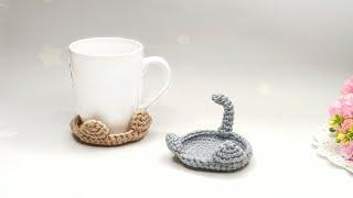 Crocheted mug stand. Crochet cat detailed master class. Symbol of the year