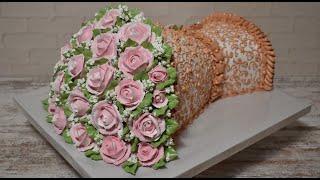 Торт Букет. Как украсить торт " Букет роз"  белково-заварным кремом. 3D торт