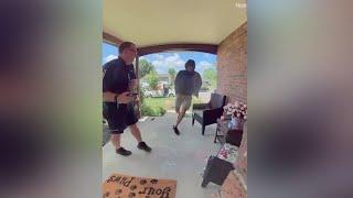 Porch pirate steals package right as FedEx delivery man drops it off