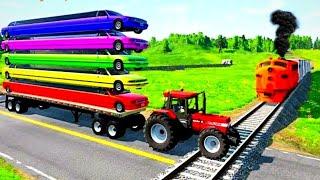 Big and small: Tractor vs train Crash test 055 - Double Flatbed Trailer Truck Vs Speedbumps - Chotu