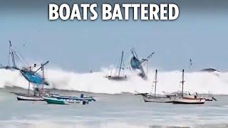 Watch terrifying moment massive freak waves smash into boats & swamp seaside towns in Peru